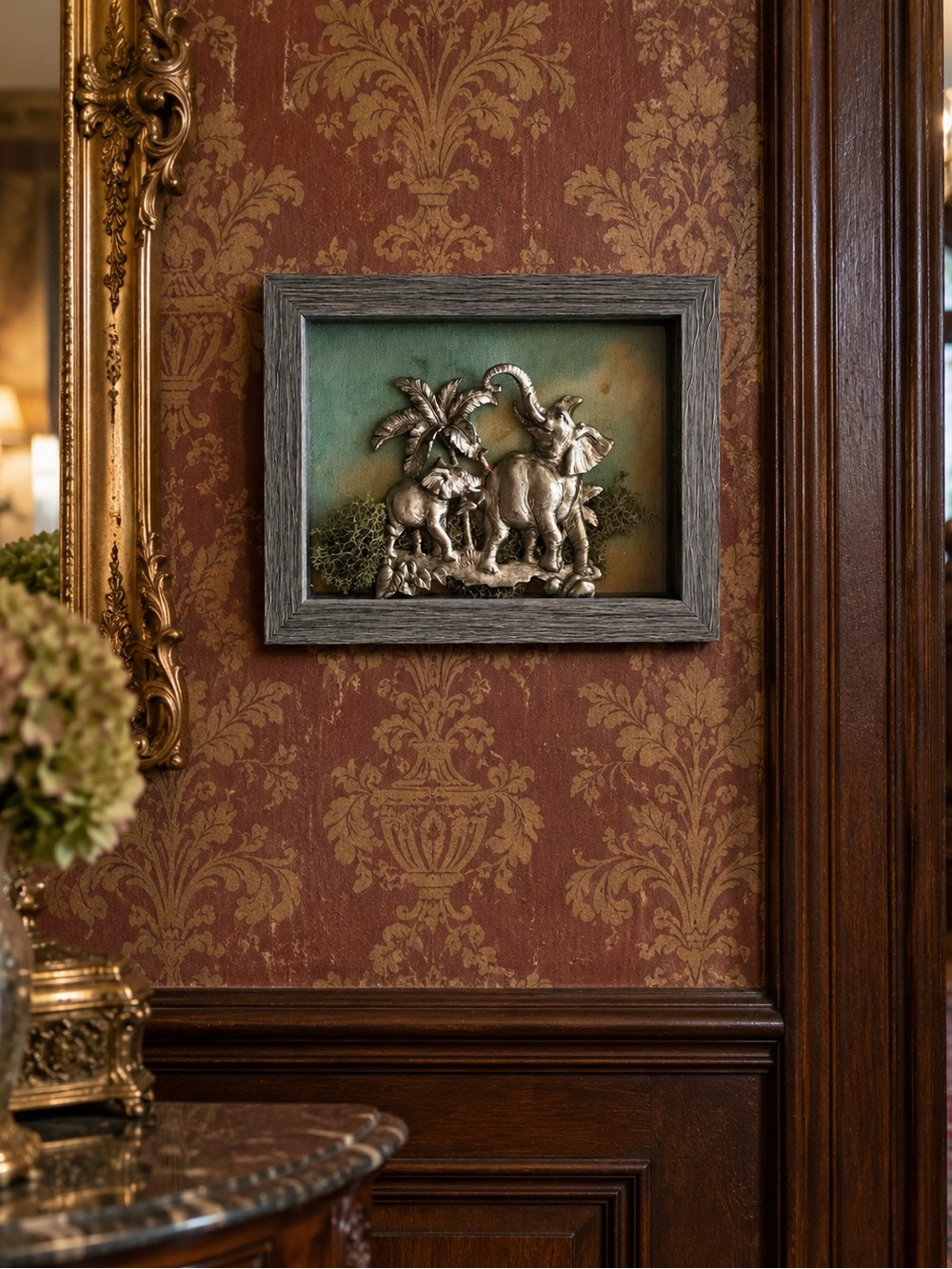 Pewter 3-D elephant sculpture framed home decor